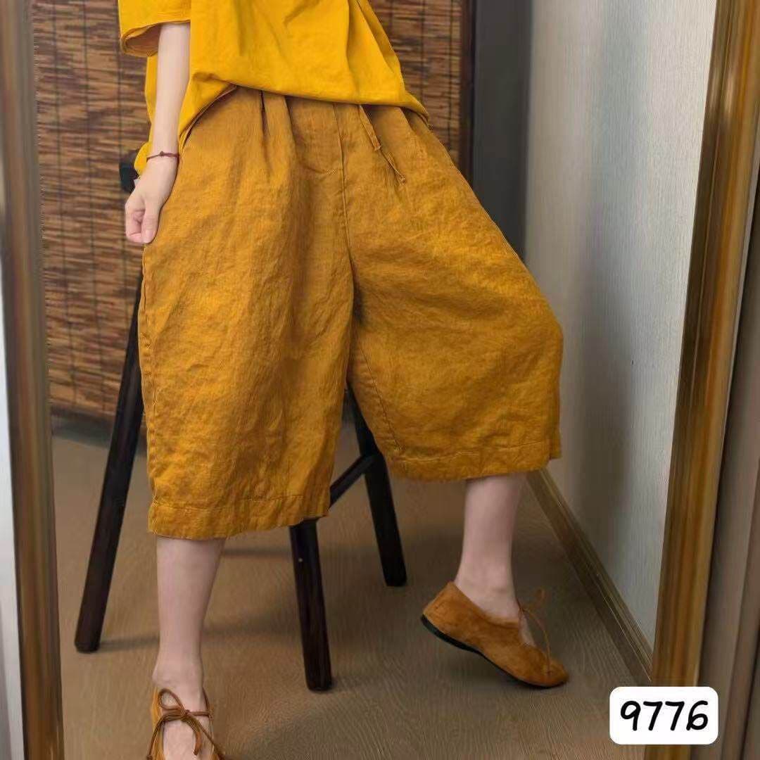 레트로 면 린넨 여름 새로운 단색 허리밴드 펌프 로프 루즈핏 스트레이트 넓은 다리 여성 슬림해 보이는 캐주얼 7부 바지 여성 이미지 2