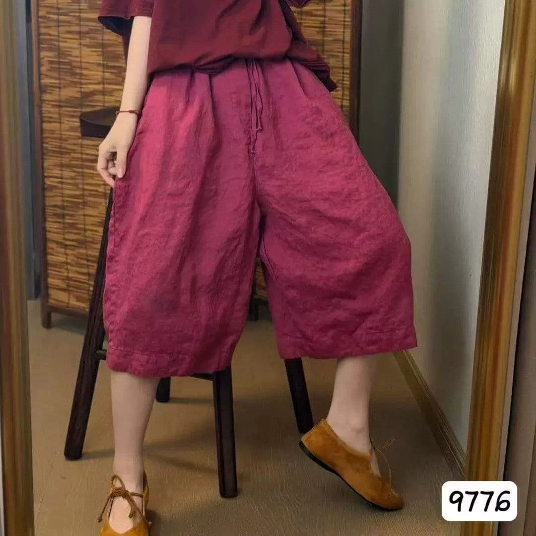 레트로 면 린넨 여름 새로운 단색 허리밴드 펌프 로프 루즈핏 스트레이트 넓은 다리 여성 슬림해 보이는 캐주얼 7부 바지 여성 상세 이미지 7