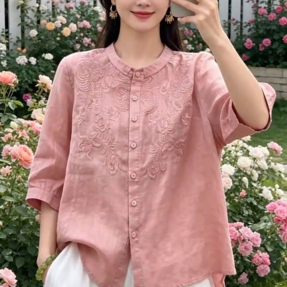 레트로 문예 엄마 자수 셔츠 캐주얼 여름 얇은 스타일 7 점 새로운 소매 작은 셔츠 루즈핏 슬림해 보이는 맨위