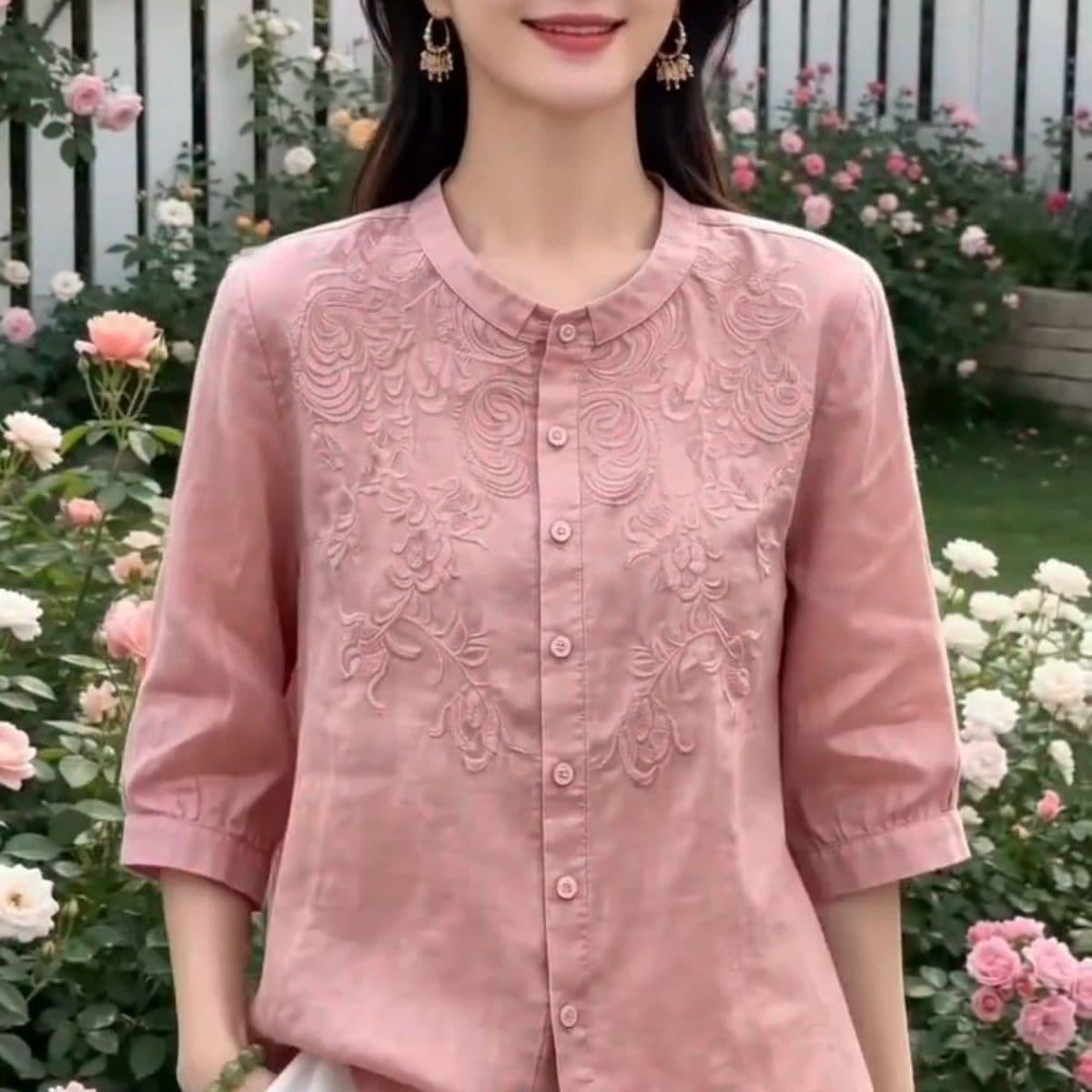 레트로 문예 엄마 자수 셔츠 캐주얼 여름 얇은 스타일 7 점 새로운 소매 작은 셔츠 루즈핏 슬림해 보이는 맨위 상세 이미지 1