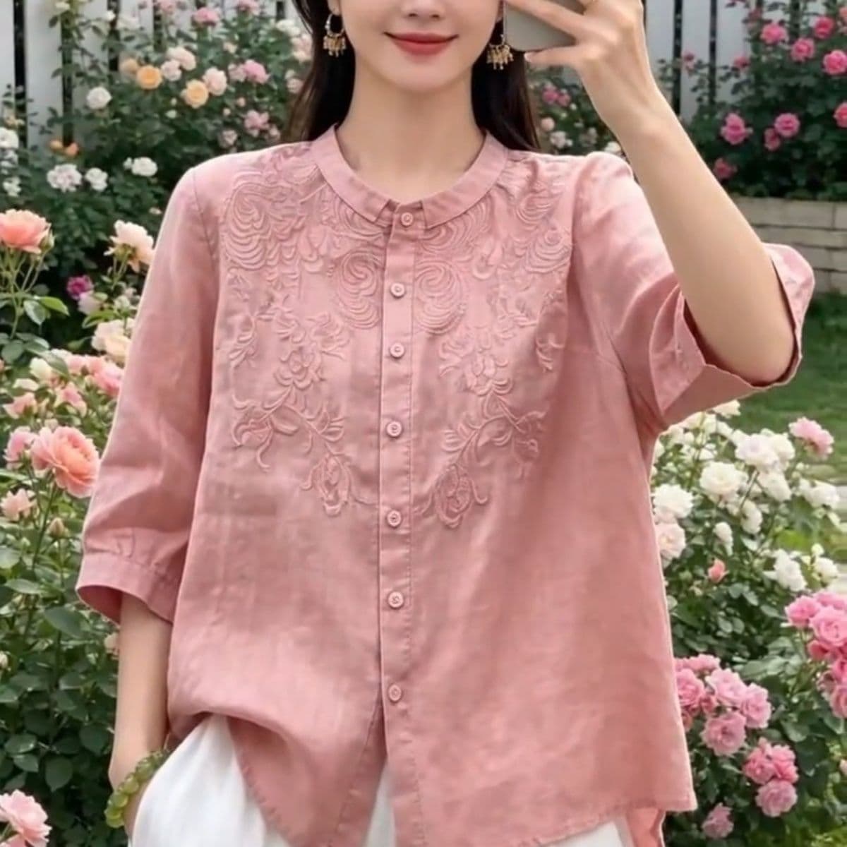 레트로 문예 엄마 자수 셔츠 캐주얼 여름 얇은 스타일 7 점 새로운 소매 작은 셔츠 루즈핏 슬림해 보이는 맨위 상세 이미지 7