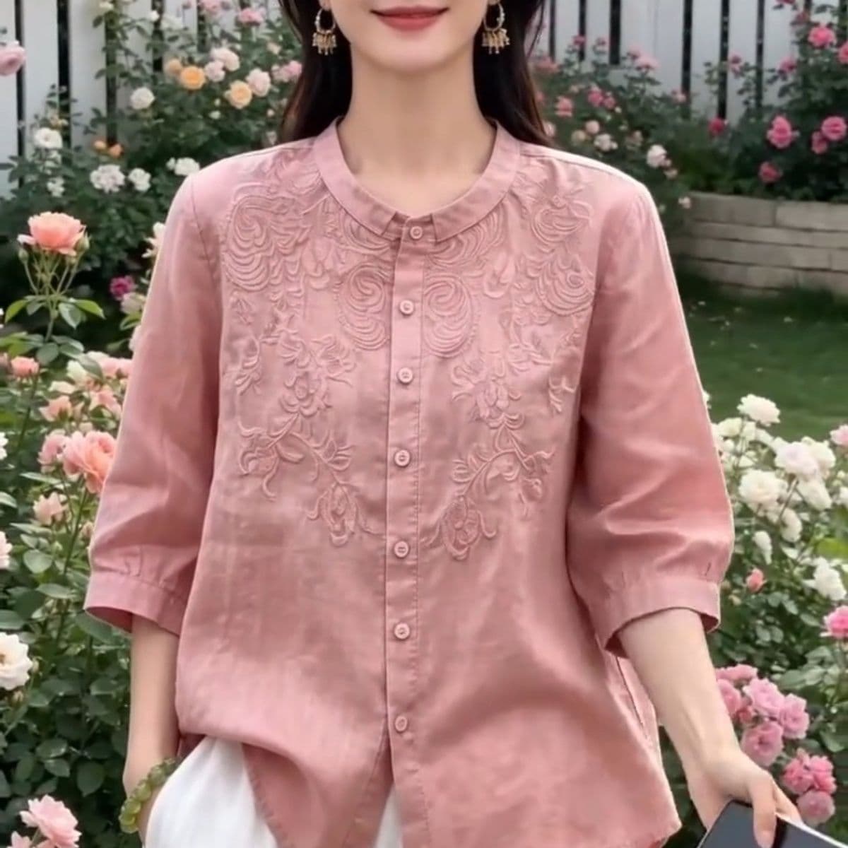 레트로 문예 엄마 자수 셔츠 캐주얼 여름 얇은 스타일 7 점 새로운 소매 작은 셔츠 루즈핏 슬림해 보이는 맨위 상세 이미지 8