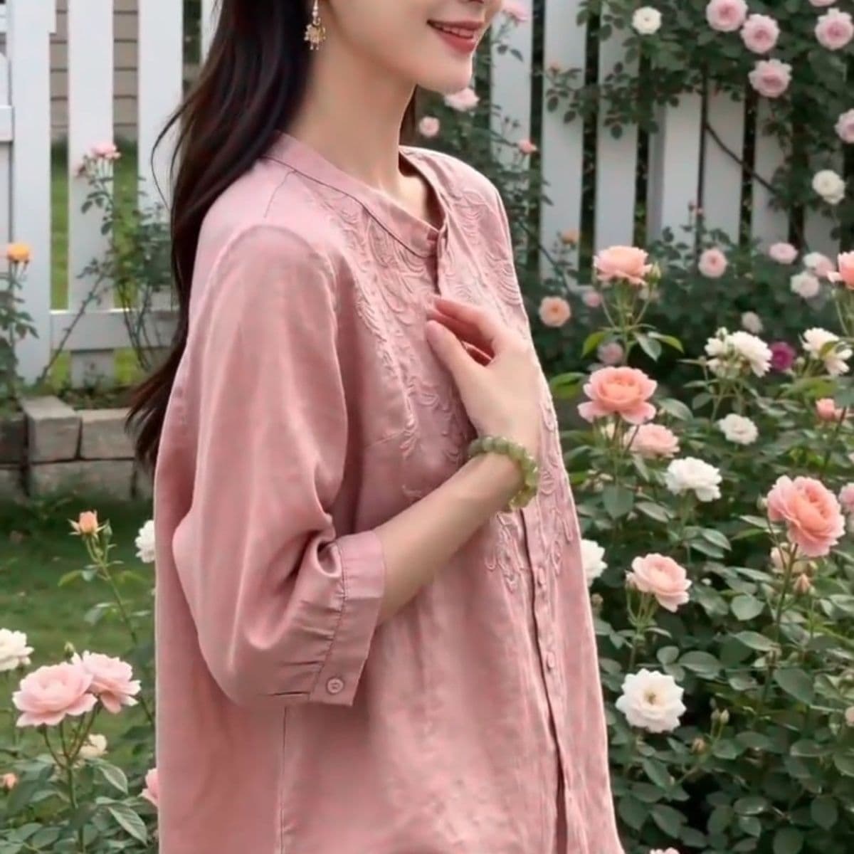 레트로 문예 엄마 자수 셔츠 캐주얼 여름 얇은 스타일 7 점 새로운 소매 작은 셔츠 루즈핏 슬림해 보이는 맨위 상세 이미지 9