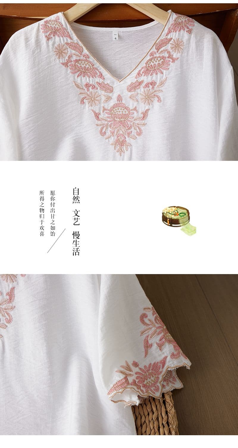 2026 여름 새로운 레트로 문예 면 린넨 무거운 작업 자수 셔츠 V넥 루즈핏 슬림해 보이는 다용도 맨위 여성 상세 이미지 18