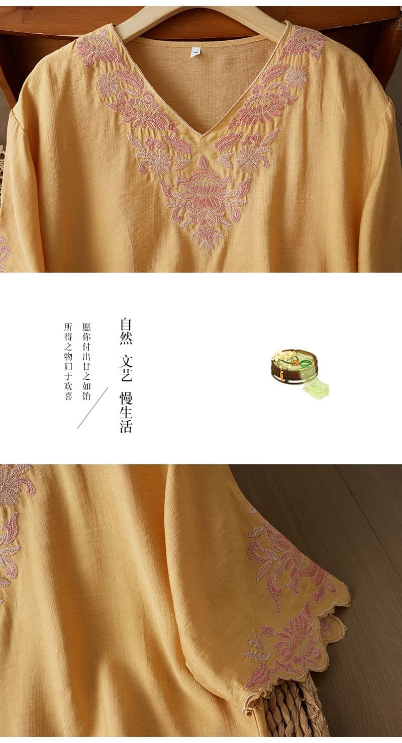 2026 여름 새로운 레트로 문예 면 린넨 무거운 작업 자수 셔츠 V넥 루즈핏 슬림해 보이는 다용도 맨위 여성 상세 이미지 23