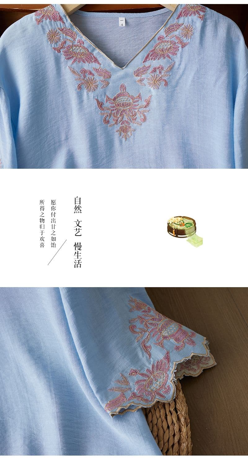 2026 여름 새로운 레트로 문예 면 린넨 무거운 작업 자수 셔츠 V넥 루즈핏 슬림해 보이는 다용도 맨위 여성 상세 이미지 28