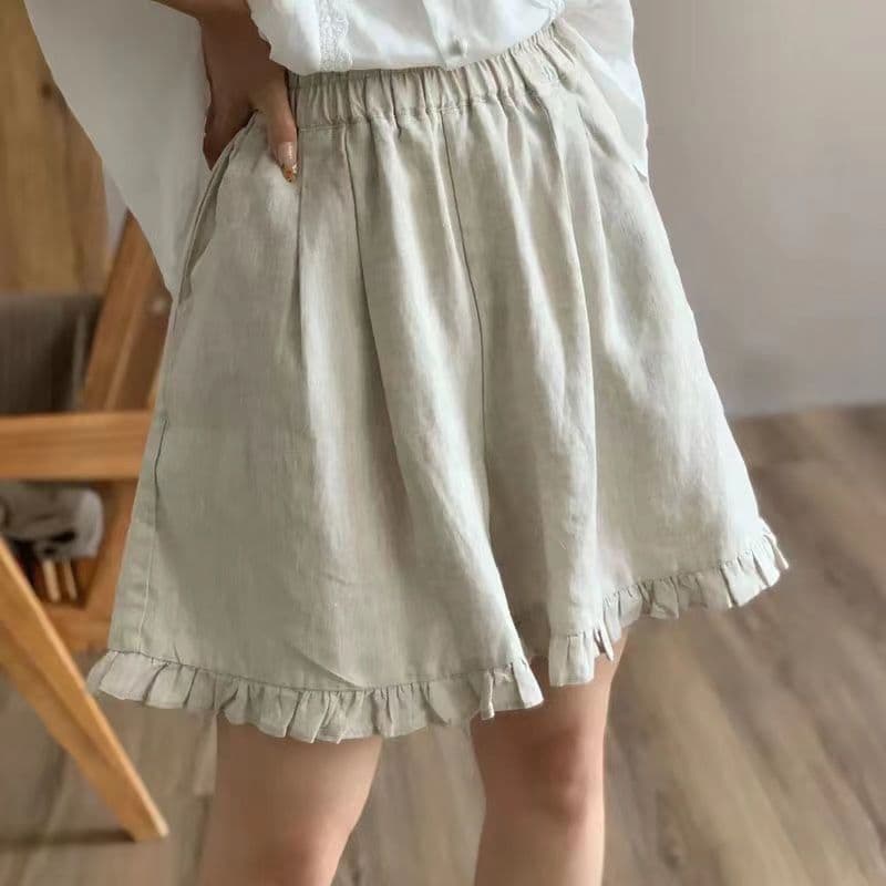 캐주얼 여름 새로운 면 린넨 반바지 여성 레트로 무거운 작업 프릴 레이스업 허리밴드 와이드 레그 팬츠 캐주얼 반바지 이미지 3