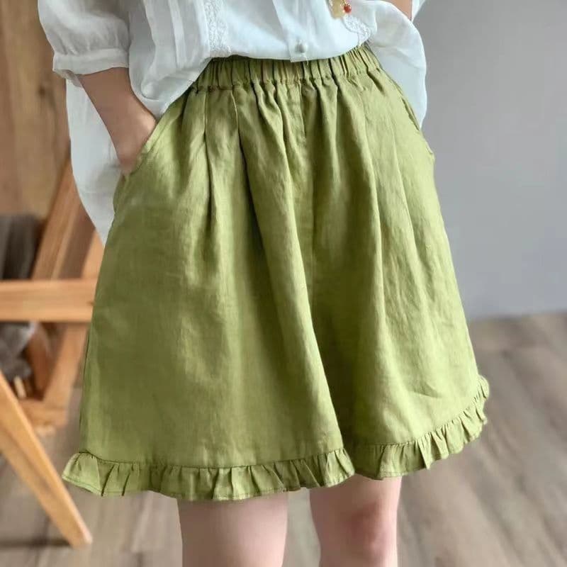 캐주얼 여름 새로운 면 린넨 반바지 여성 레트로 무거운 작업 프릴 레이스업 허리밴드 와이드 레그 팬츠 캐주얼 반바지 상세 이미지 2