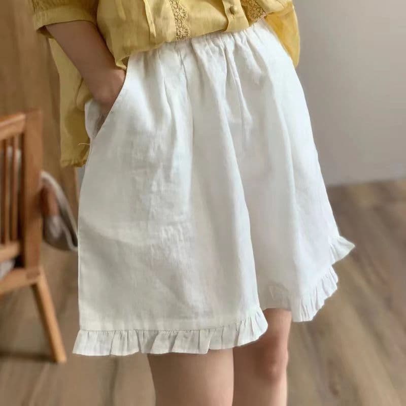 캐주얼 여름 새로운 면 린넨 반바지 여성 레트로 무거운 작업 프릴 레이스업 허리밴드 와이드 레그 팬츠 캐주얼 반바지 상세 이미지 5