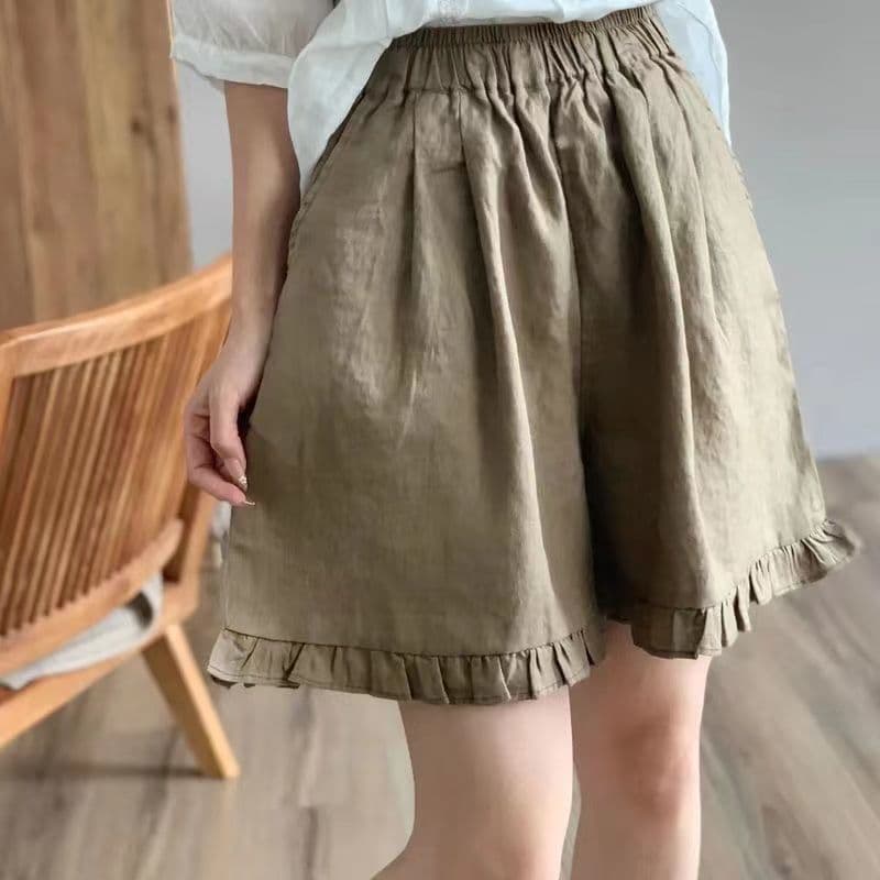 캐주얼 여름 새로운 면 린넨 반바지 여성 레트로 무거운 작업 프릴 레이스업 허리밴드 와이드 레그 팬츠 캐주얼 반바지 상세 이미지 9