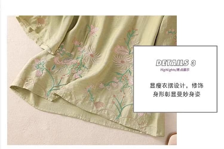 무거운 작업 자수 여성 셔츠 새로운 중식 스탠드 칼라 비스듬한 襟 단추 셔츠 면 린넨 국풍 개선 차 서비스 맨위 상세 이미지 5