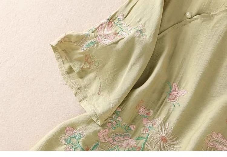 무거운 작업 자수 여성 셔츠 새로운 중식 스탠드 칼라 비스듬한 襟 단추 셔츠 면 린넨 국풍 개선 차 서비스 맨위 상세 이미지 15