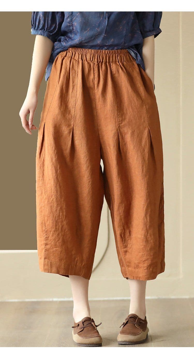 문예 새로운 레트로 수공 핀치 Pleat 면 린넨 8 점 바지 여성 허리밴드 슬림해 보이는 하렘 바지 캐주얼 바지 허리밴드 상세 이미지 5