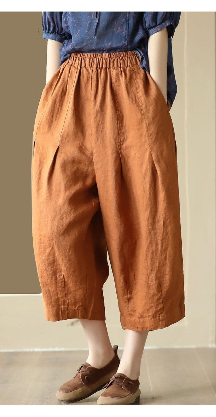 문예 새로운 레트로 수공 핀치 Pleat 면 린넨 8 점 바지 여성 허리밴드 슬림해 보이는 하렘 바지 캐주얼 바지 허리밴드 상세 이미지 6