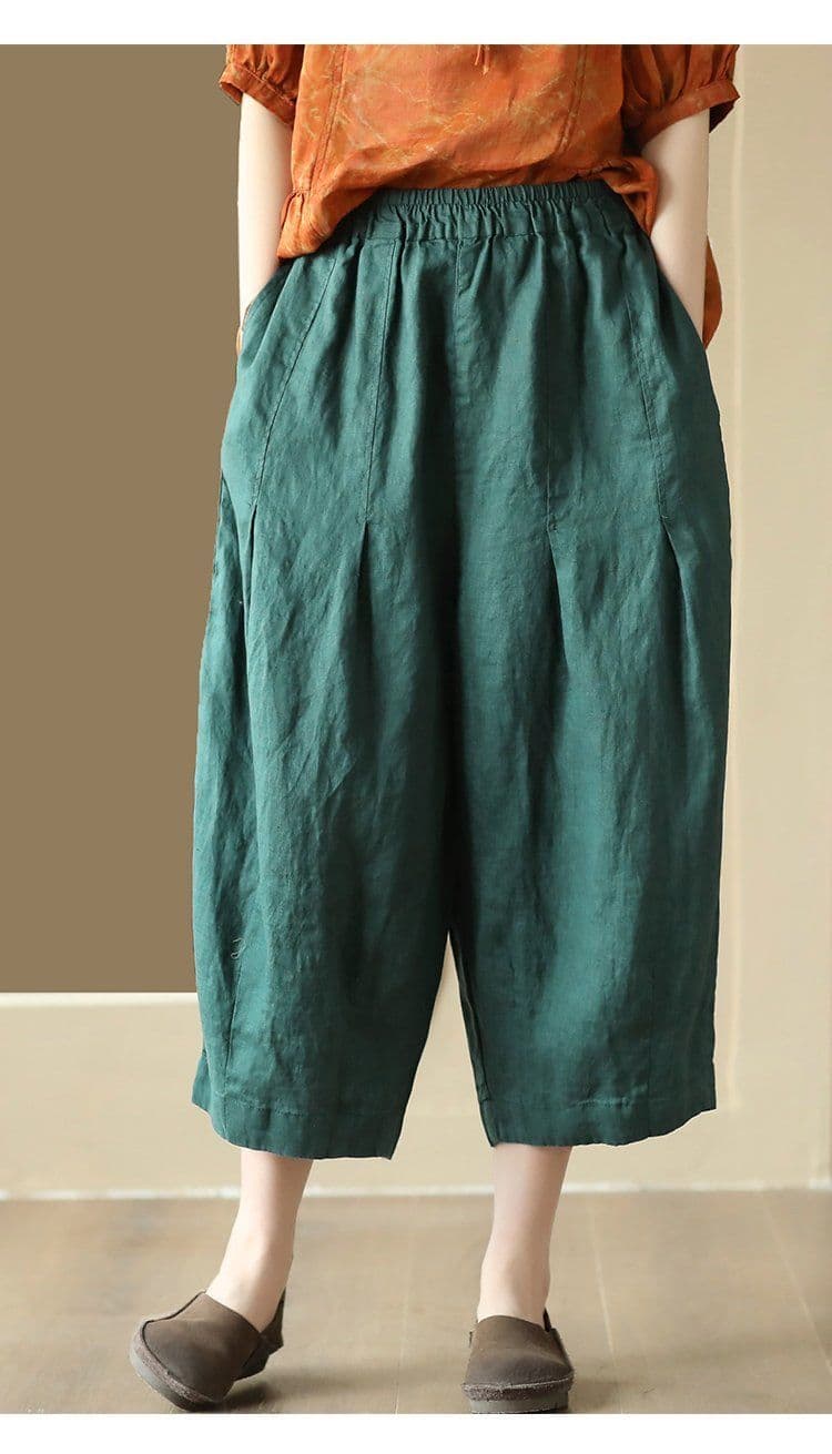 문예 새로운 레트로 수공 핀치 Pleat 면 린넨 8 점 바지 여성 허리밴드 슬림해 보이는 하렘 바지 캐주얼 바지 허리밴드 상세 이미지 9