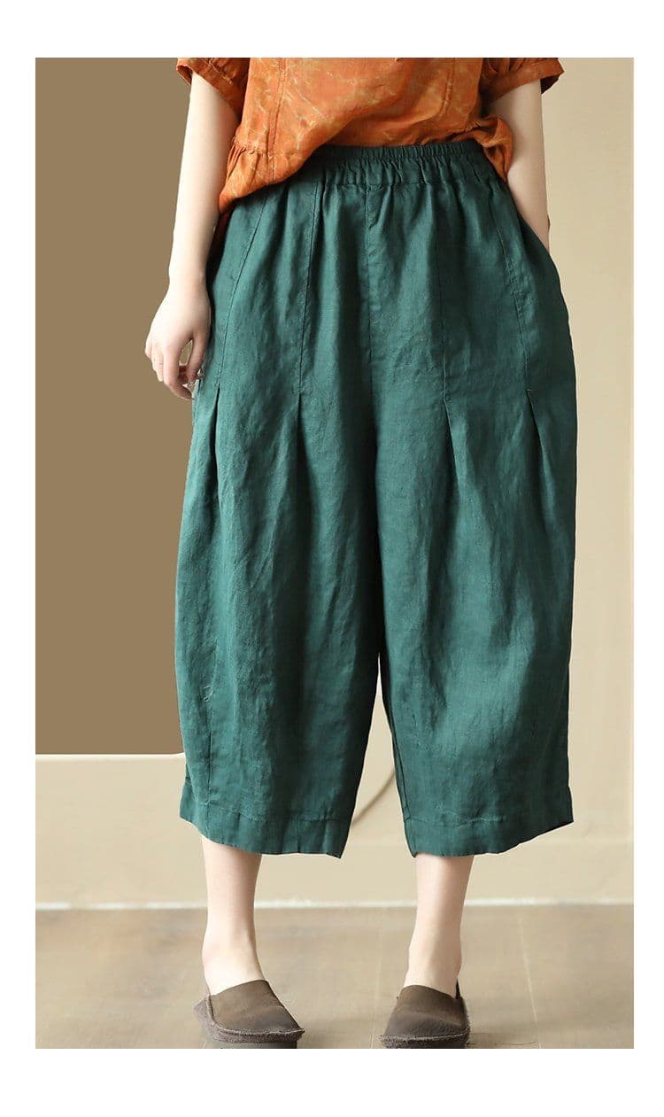 문예 새로운 레트로 수공 핀치 Pleat 면 린넨 8 점 바지 여성 허리밴드 슬림해 보이는 하렘 바지 캐주얼 바지 허리밴드 상세 이미지 10