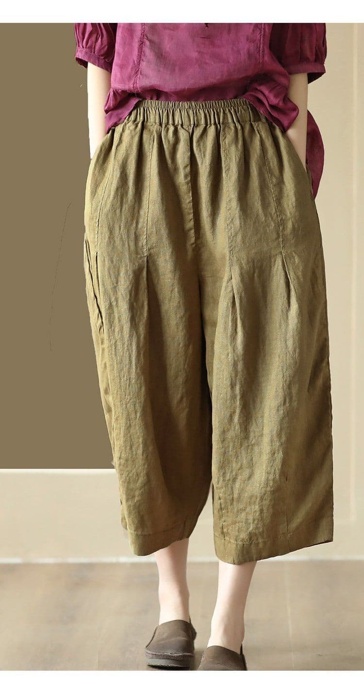 문예 새로운 레트로 수공 핀치 Pleat 면 린넨 8 점 바지 여성 허리밴드 슬림해 보이는 하렘 바지 캐주얼 바지 허리밴드 상세 이미지 11