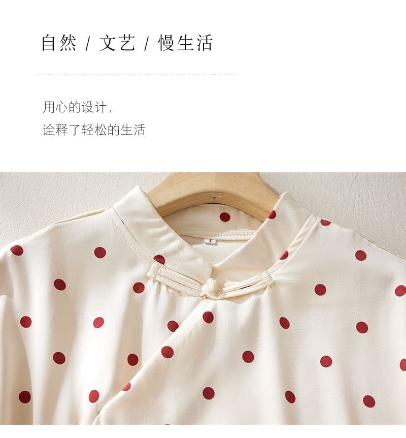 프랑스식 도트 무늬 프린트 아세트산 새로운 중식 국풍 맨위 세트 여름 반팔 아마 하이웨이스트 슬림해 보이는 스트레이트 팬츠 상세 이미지 11