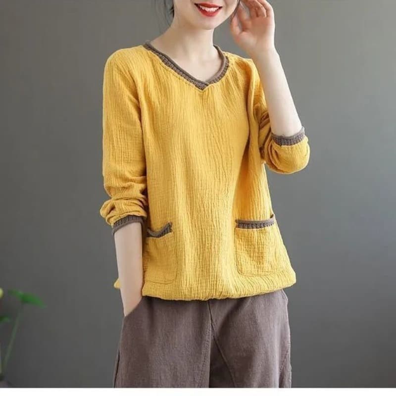 면사 이중층 헝겊 면사 문예 레트로 한국 스타일 루즈핏 V넥 티셔츠 여성 기본 셔츠 여성 티셔츠 긴팔 이미지 2