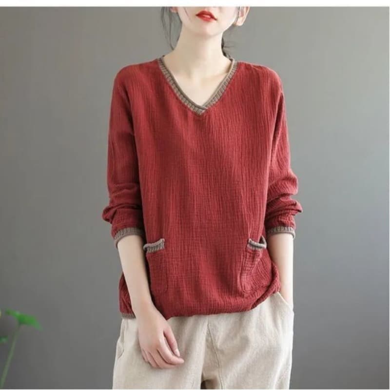 면사 이중층 헝겊 면사 문예 레트로 한국 스타일 루즈핏 V넥 티셔츠 여성 기본 셔츠 여성 티셔츠 긴팔