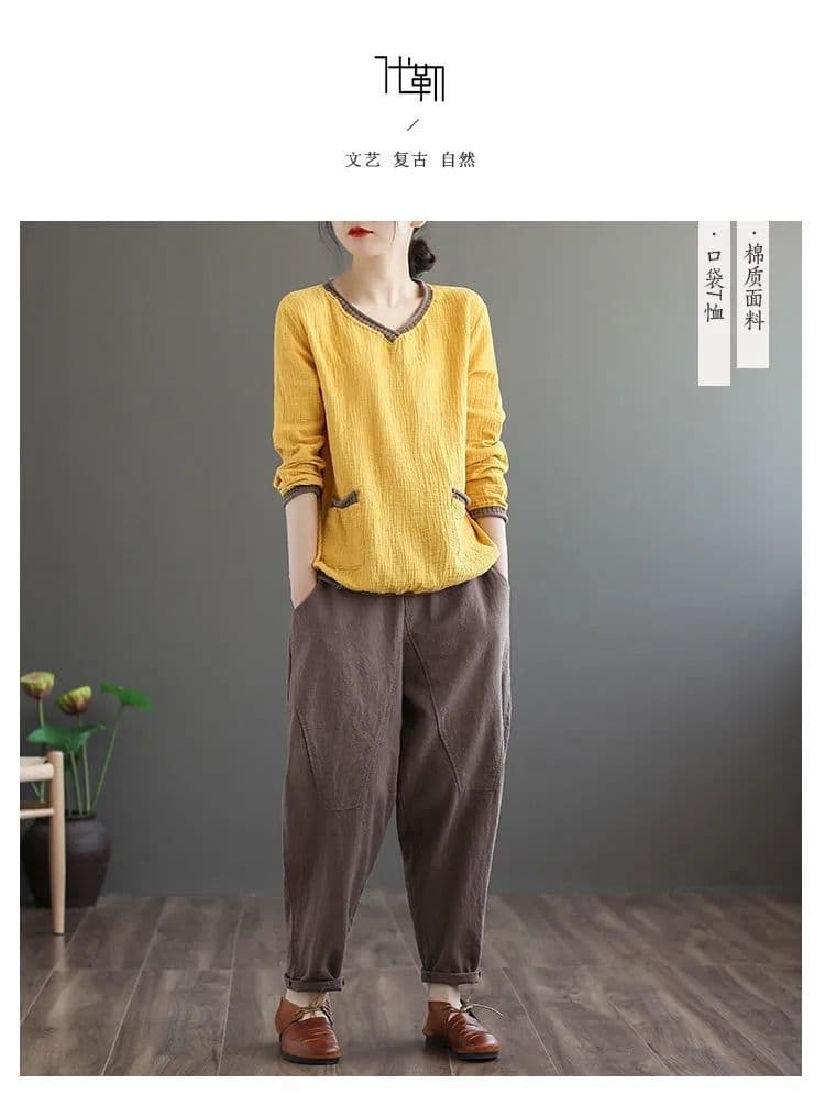 면사 이중층 헝겊 면사 문예 레트로 한국 스타일 루즈핏 V넥 티셔츠 여성 기본 셔츠 여성 티셔츠 긴팔 상세 이미지 2