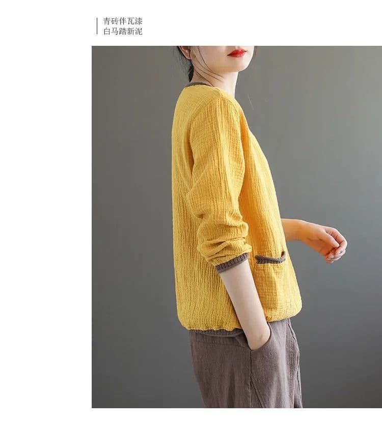 면사 이중층 헝겊 면사 문예 레트로 한국 스타일 루즈핏 V넥 티셔츠 여성 기본 셔츠 여성 티셔츠 긴팔 상세 이미지 8