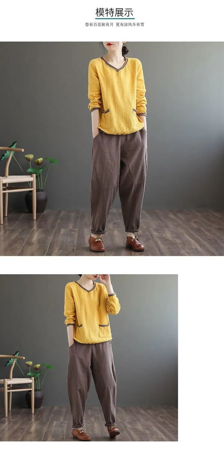 면사 이중층 헝겊 면사 문예 레트로 한국 스타일 루즈핏 V넥 티셔츠 여성 기본 셔츠 여성 티셔츠 긴팔 상세 이미지 9