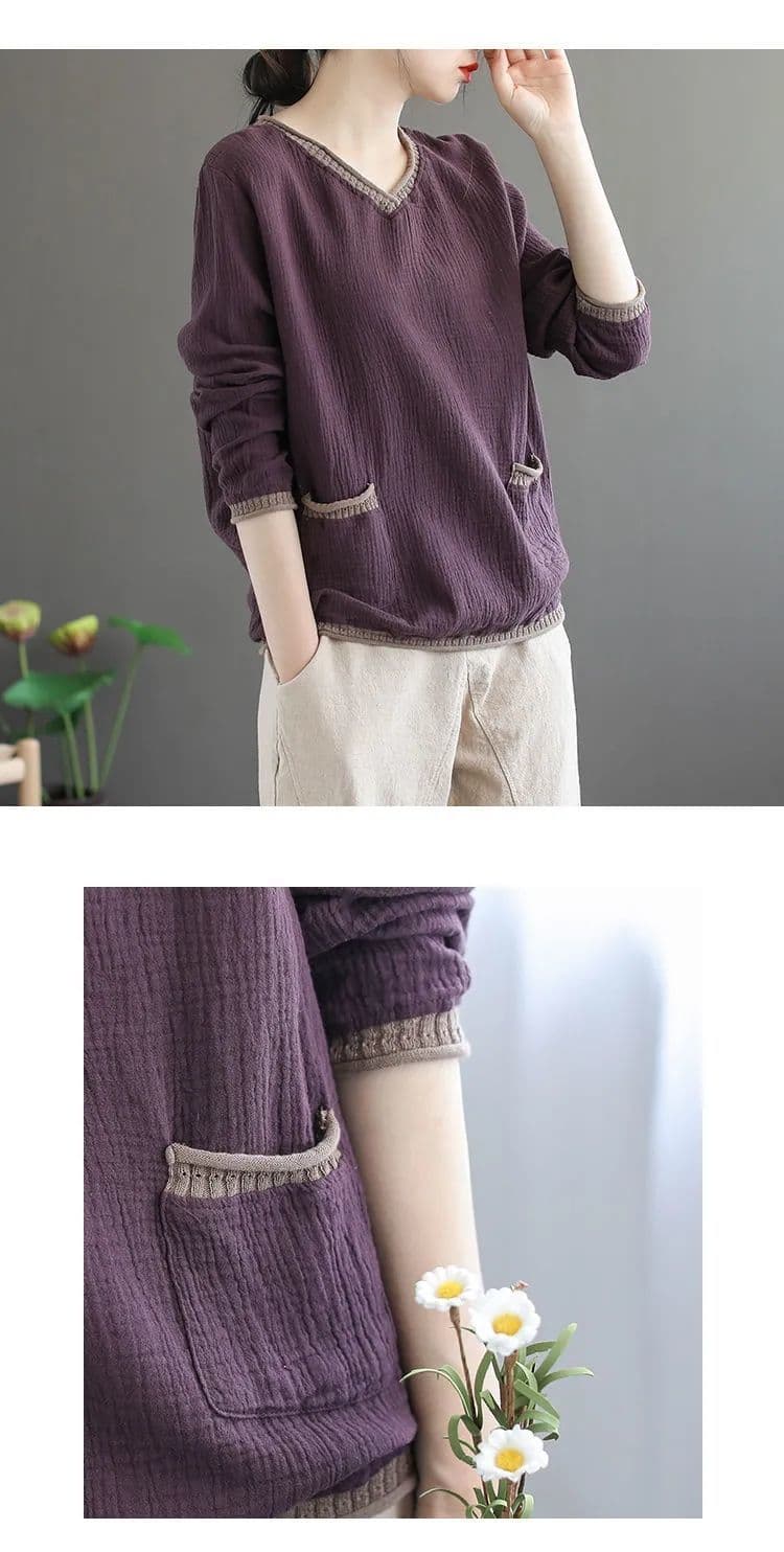 면사 이중층 헝겊 면사 문예 레트로 한국 스타일 루즈핏 V넥 티셔츠 여성 기본 셔츠 여성 티셔츠 긴팔 상세 이미지 14