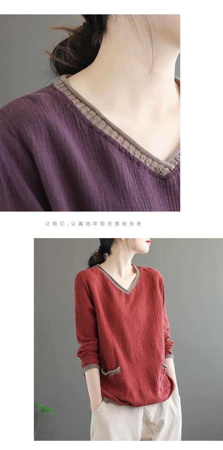 면사 이중층 헝겊 면사 문예 레트로 한국 스타일 루즈핏 V넥 티셔츠 여성 기본 셔츠 여성 티셔츠 긴팔 상세 이미지 15
