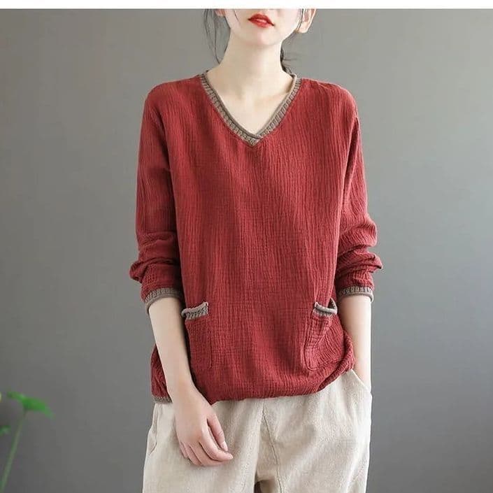 면사 이중층 헝겊 면사 문예 레트로 한국 스타일 루즈핏 V넥 티셔츠 여성 기본 셔츠 여성 티셔츠 긴팔 상세 이미지 25