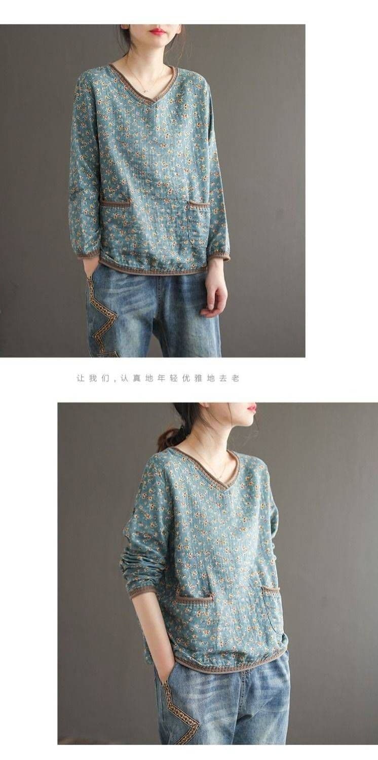 2026 봄과 가을 빅 사이즈 문예 레트로 꽃무늬 V넥 긴팔 면 린넨 티셔츠 여성 루즈핏 다용도 풀오버 어머니 드레스 상세 이미지 8