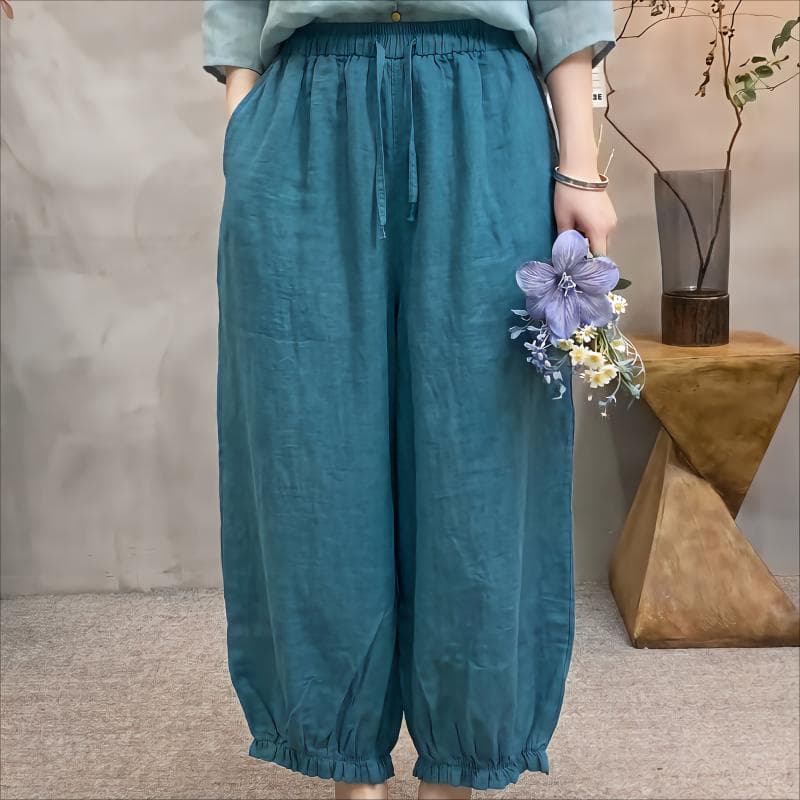 2026 여름 9부 바지 다용도 레트로 면 린넨 배기 바지 슬림해 보이는 루즈핏 프릴 캐주얼 바지 여성 꽃밭 레이스 상세 이미지 6