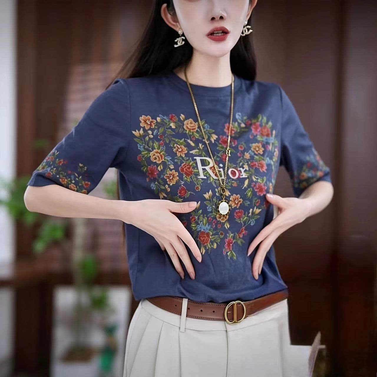 중국풍 레트로 프린트 라운드 넥 반팔 여성 2026 여름 패션 다용도 품격 루즈핏 연령 감소 반팔 맨위 상세 이미지 5