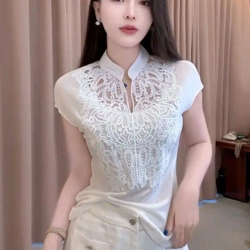 무거운 작업 레이스 자수 품격 스탠드 칼라 반팔 티셔츠 2026 여름 새로운 몸매 가꾸기 슬림해 보이는 다용도 고귀한 맨위 이미지 4
