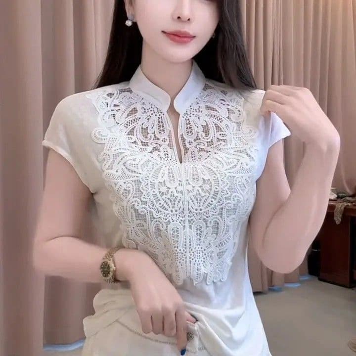 무거운 작업 레이스 자수 품격 스탠드 칼라 반팔 티셔츠 2026 여름 새로운 몸매 가꾸기 슬림해 보이는 다용도 고귀한 맨위 상세 이미지 3