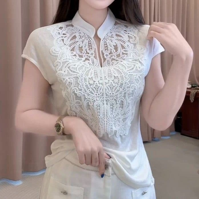 무거운 작업 레이스 자수 품격 스탠드 칼라 반팔 티셔츠 2026 여름 새로운 몸매 가꾸기 슬림해 보이는 다용도 고귀한 맨위 상세 이미지 4