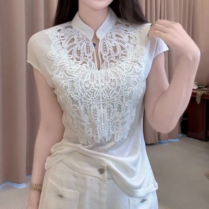 무거운 작업 레이스 자수 품격 스탠드 칼라 반팔 티셔츠 2026 여름 새로운 몸매 가꾸기 슬림해 보이는 다용도 고귀한 맨위 상세 이미지 5