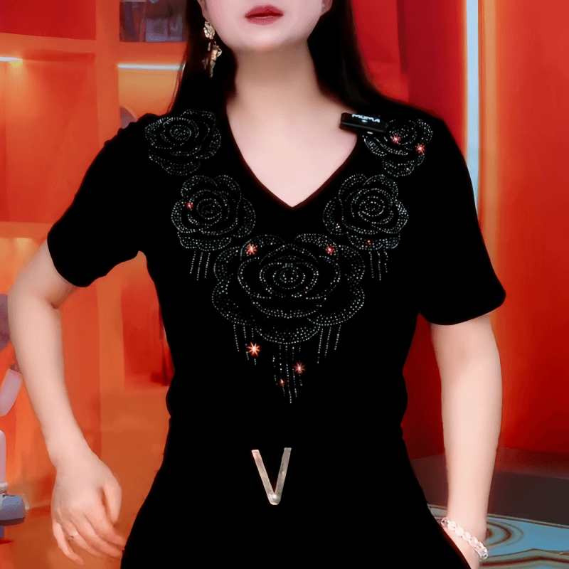 장미 다이아몬드 세팅 V넥 핫픽스 반팔 티셔츠 새로운 어머니 드레스 검정색 패션 표지 고기 슬림해 보이는 빅 사이즈 맨위 이미지 2