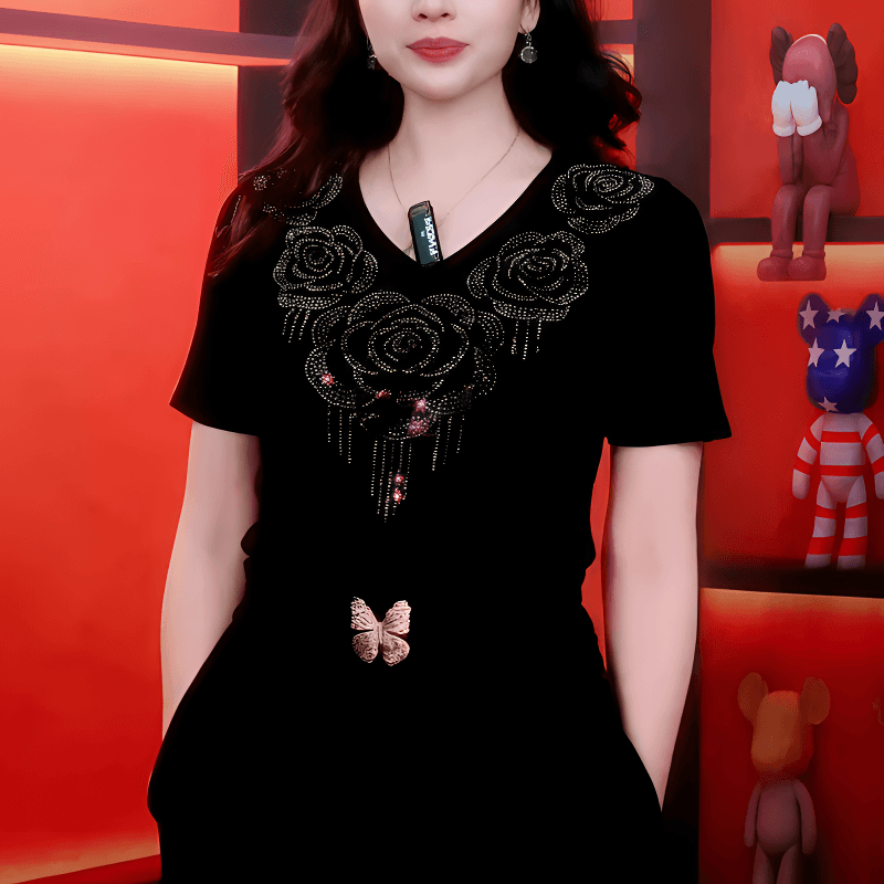 장미 다이아몬드 세팅 V넥 핫픽스 반팔 티셔츠 새로운 어머니 드레스 검정색 패션 표지 고기 슬림해 보이는 빅 사이즈 맨위 상세 이미지 3