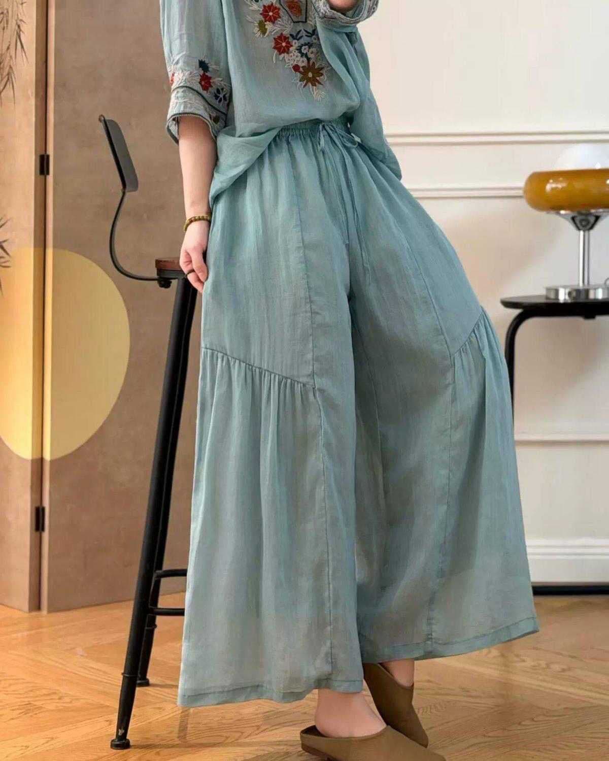 2026 사탕 색상 면 린넨 와이드 레깅스 바지 새로운 문예 루즈핏 캐주얼 배 모양 다용도 펌프 로프 패치워크 9부 바지 상세 이미지 14