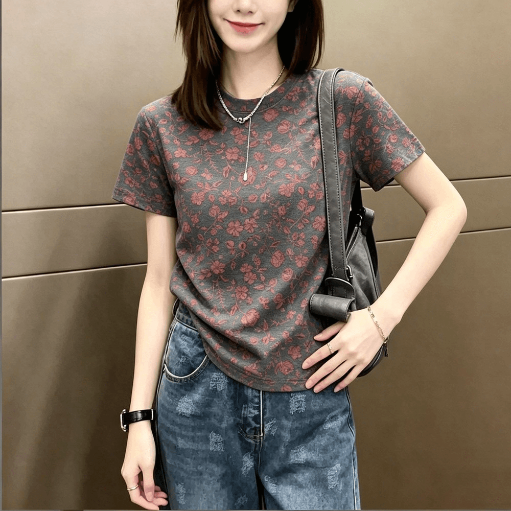 한 부서 레트로 꽃무늬 반팔 티셔츠 여성 여름과 가을 새로운 동정 슬림해 보이는 다용도 연령 감소 품격 맨위 여성 의류 상세 이미지 4
