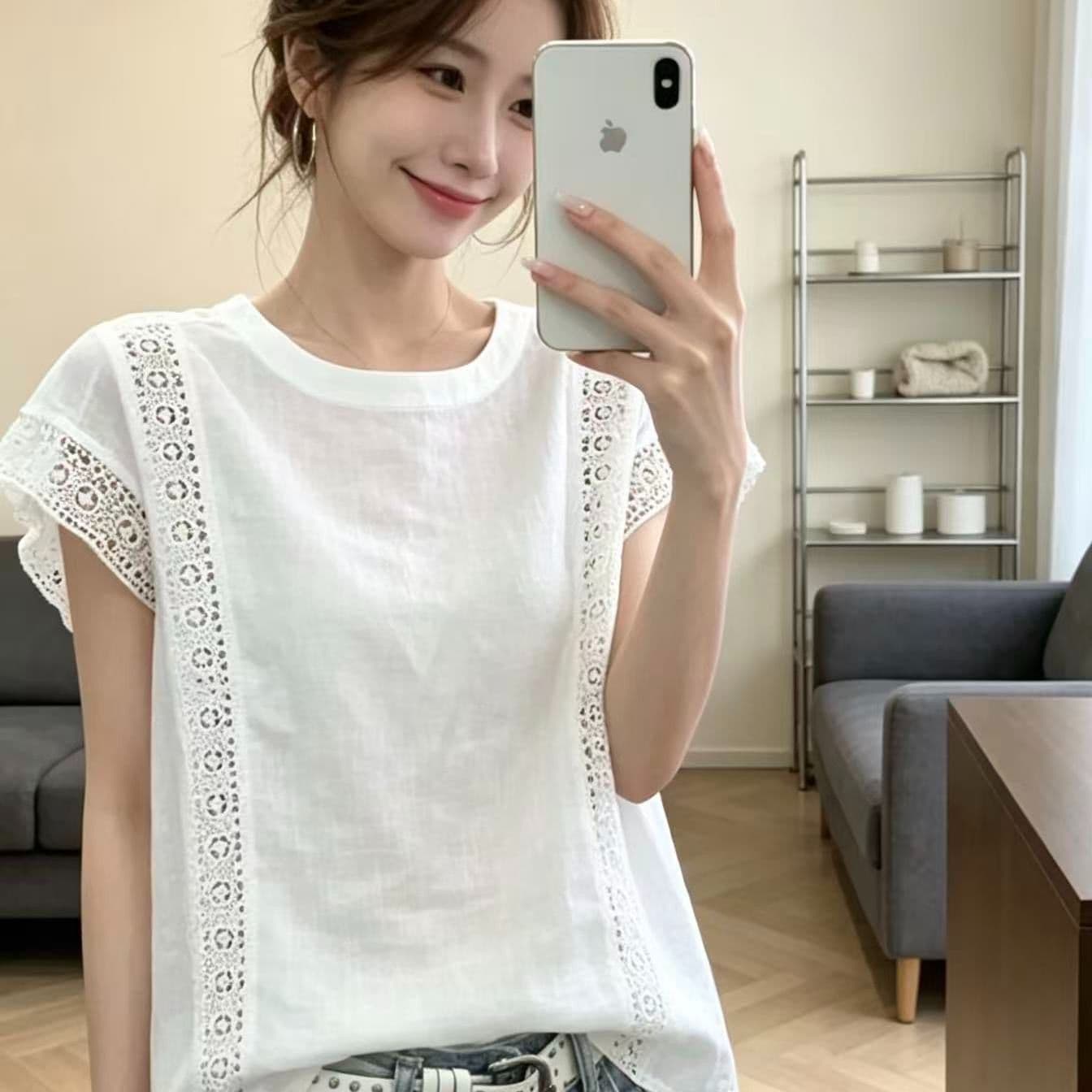 여름과 가을 새로운 문예 레트로 아마 미니멀리즘 패션 한국 스타일 무거운 작업 레이스 셔츠 레이스 민소매 맨위 이미지 2