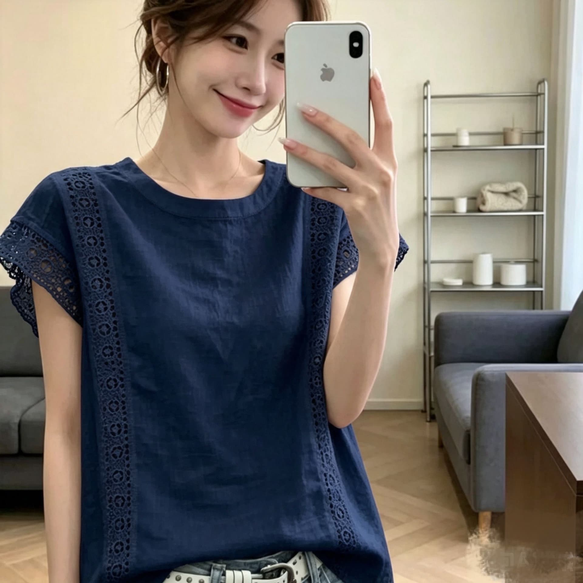 여름과 가을 새로운 문예 레트로 아마 미니멀리즘 패션 한국 스타일 무거운 작업 레이스 셔츠 레이스 민소매 맨위 상세 이미지 3