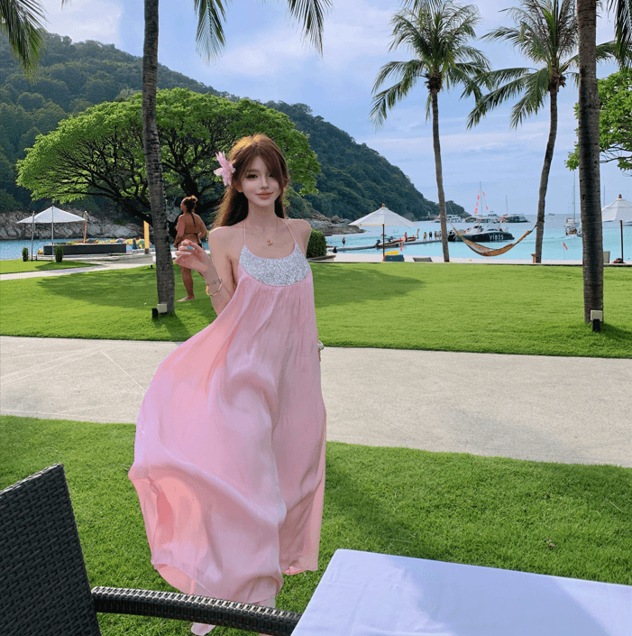실사 핑크색 판금 광택 행침 목 백리스 휴가 바람 요정 드레스 여름 이미지 2