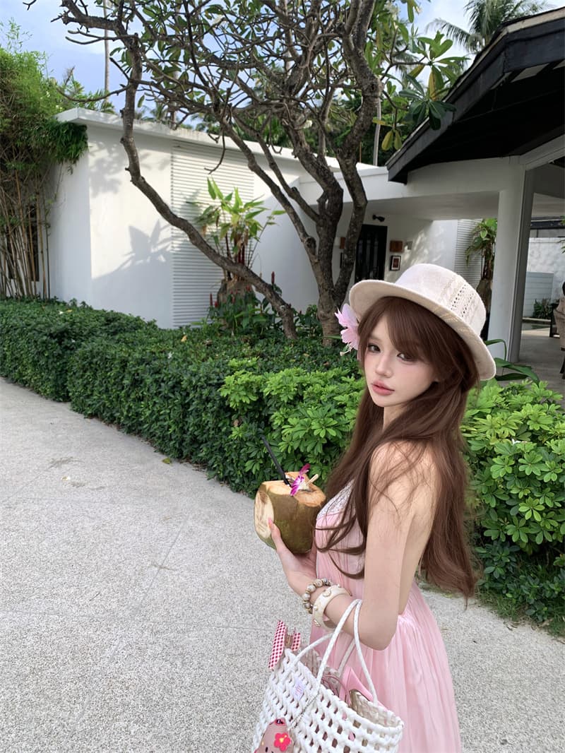 실사 핑크색 판금 광택 행침 목 백리스 휴가 바람 요정 드레스 여름 상세 이미지 15