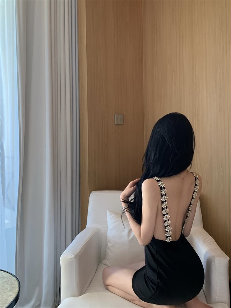 실사 수여 됨 작은 검은 드레스 수공 높음 세트 섹션 무거운 작업 못 훈련 백리스 슬립 드레스 새로운 상세 이미지 14