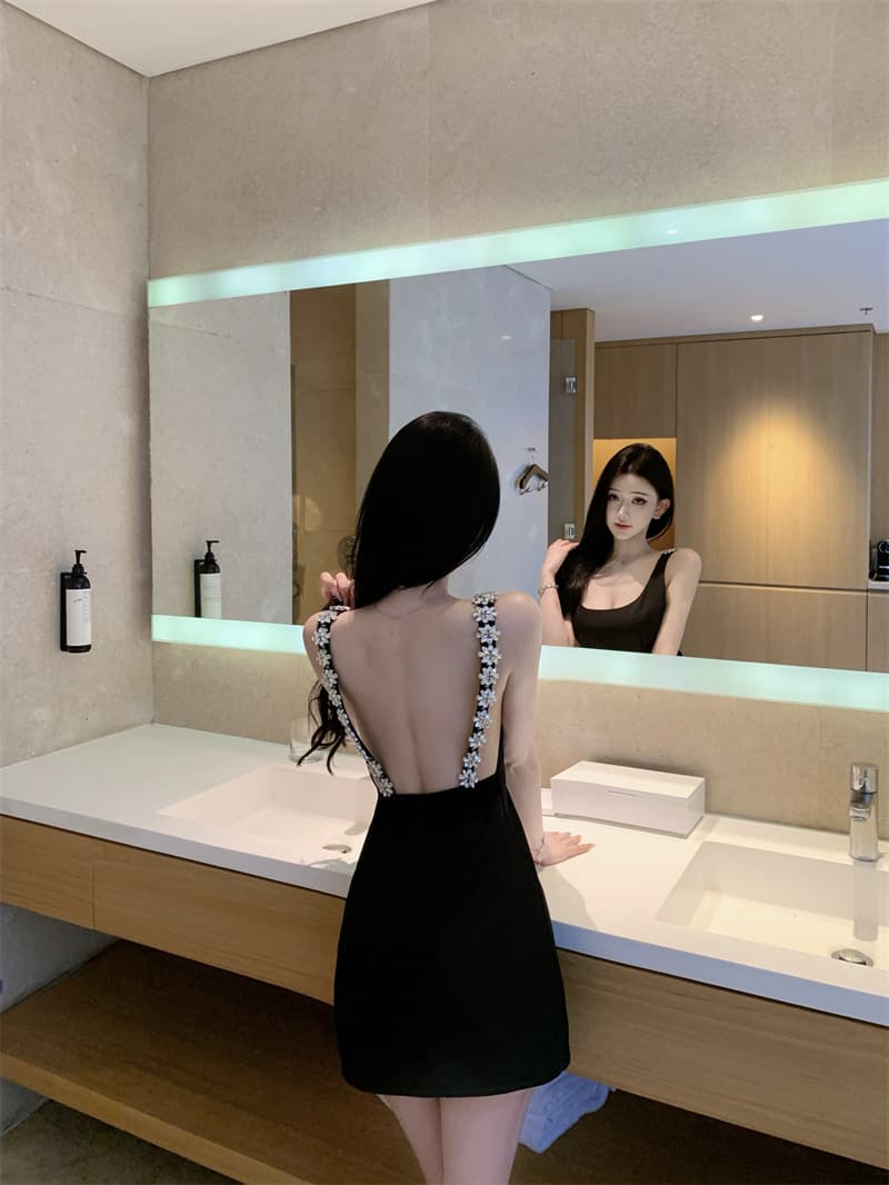 실사 수여 됨 작은 검은 드레스 수공 높음 세트 섹션 무거운 작업 못 훈련 백리스 슬립 드레스 새로운 상세 이미지 15