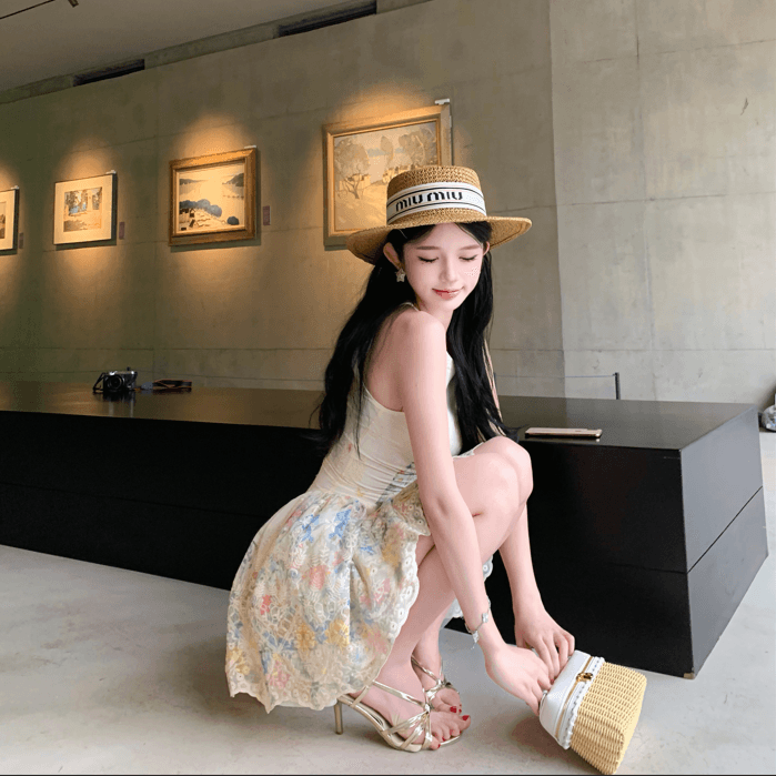 실사 앨리스 꿈 나라 행침 목 여성 드레스 여름 디자인 센스 프린트 휴가 바람 허리 수축 치마 이미지 3