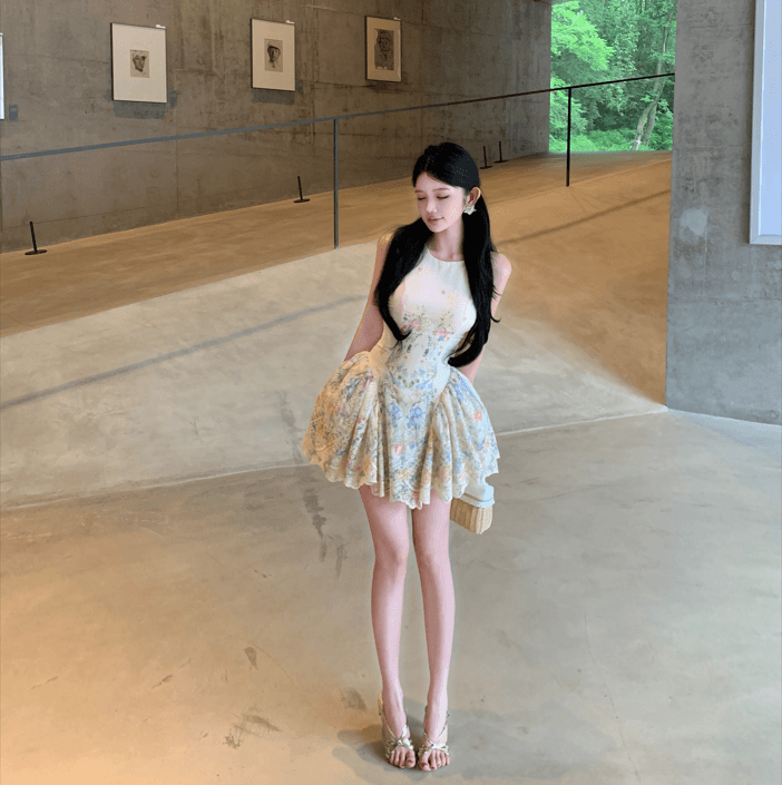 실사 앨리스 꿈 나라 행침 목 여성 드레스 여름 디자인 센스 프린트 휴가 바람 허리 수축 치마 이미지 5
