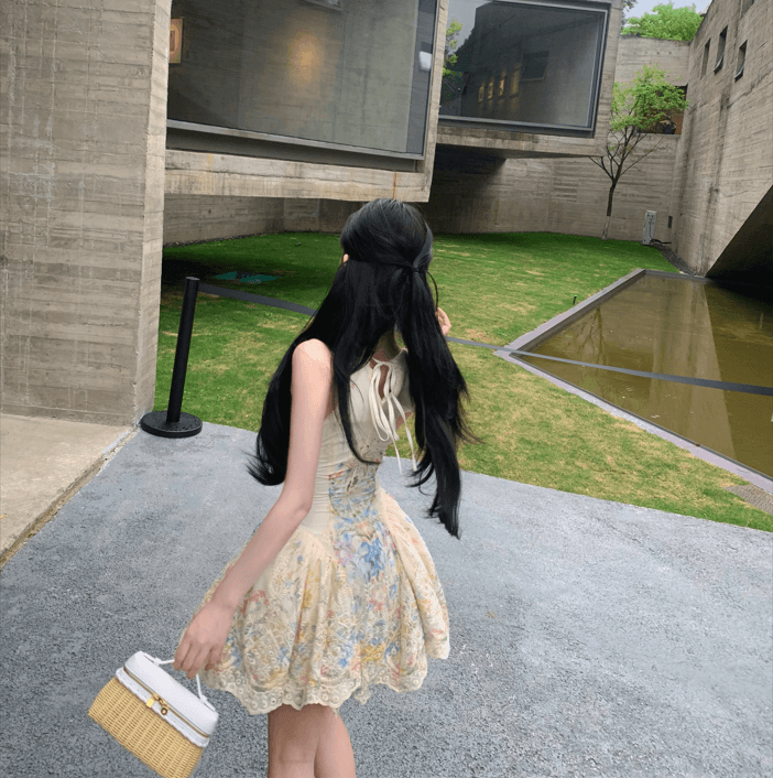 실사 앨리스 꿈 나라 행침 목 여성 드레스 여름 디자인 센스 프린트 휴가 바람 허리 수축 치마 이미지 4